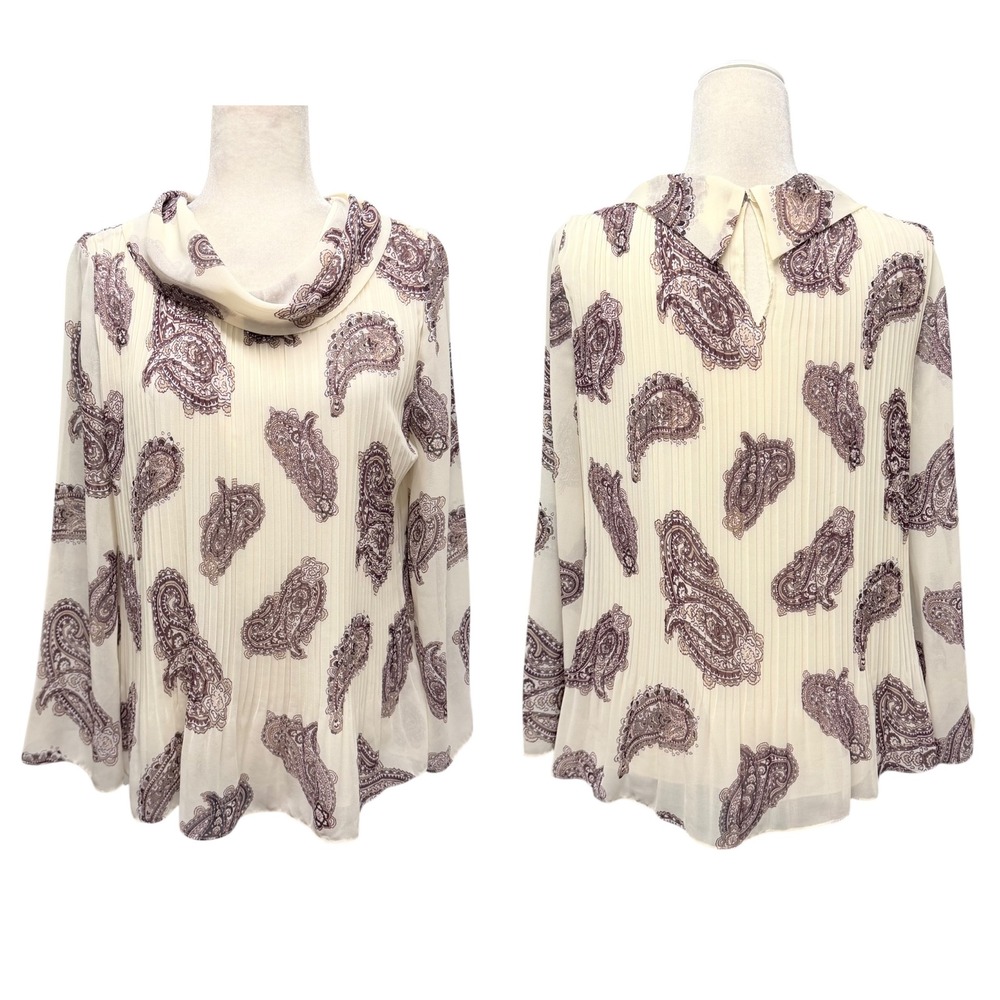 Chicos Tunic Blouse Women Sz 0 US 4 Paisley Pleated Cowl Neck Bell Sleeve Office